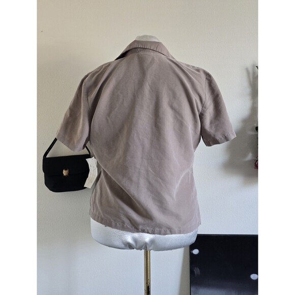 Anna Vintage 1970s 70s Rayon Tan Short Sleeve Fitted Button Up Shirt Blouse L - Picture 7 of 9